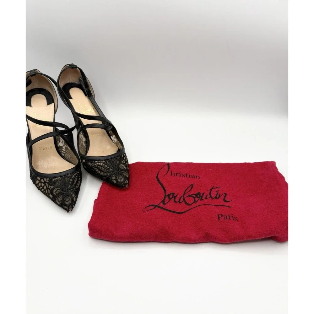 Christian Louboutin Black Leather & Lace Twistissima Pointed Heels Size EU 37.5